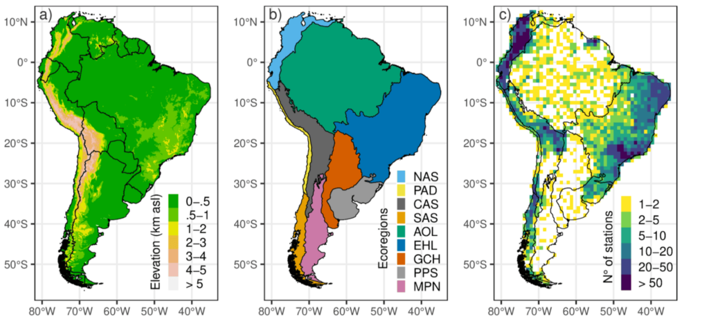 (a) Área de estudio de América del Sur contigua mostrando la elevación y los países como líneas negras. (b) Ecorregiones de America del Sur contigua: Andes del Norte (NAS), Desiertos de Atacama y Perú (PAD), Andes Centrales (CAS), Andes del Sur (SAS), Tierras bajas del Amazonas y Orinoco (AOL), Tierras Altas Orientales (EHL), Gran Chaco (GCH), Pampas (PPS) y Monte-Patagónico (MPN). (c) Número de estaciones recolectadas sin procesar en un tamaño de cuadrícula de 0,9° desde 1960 hasta 2015.